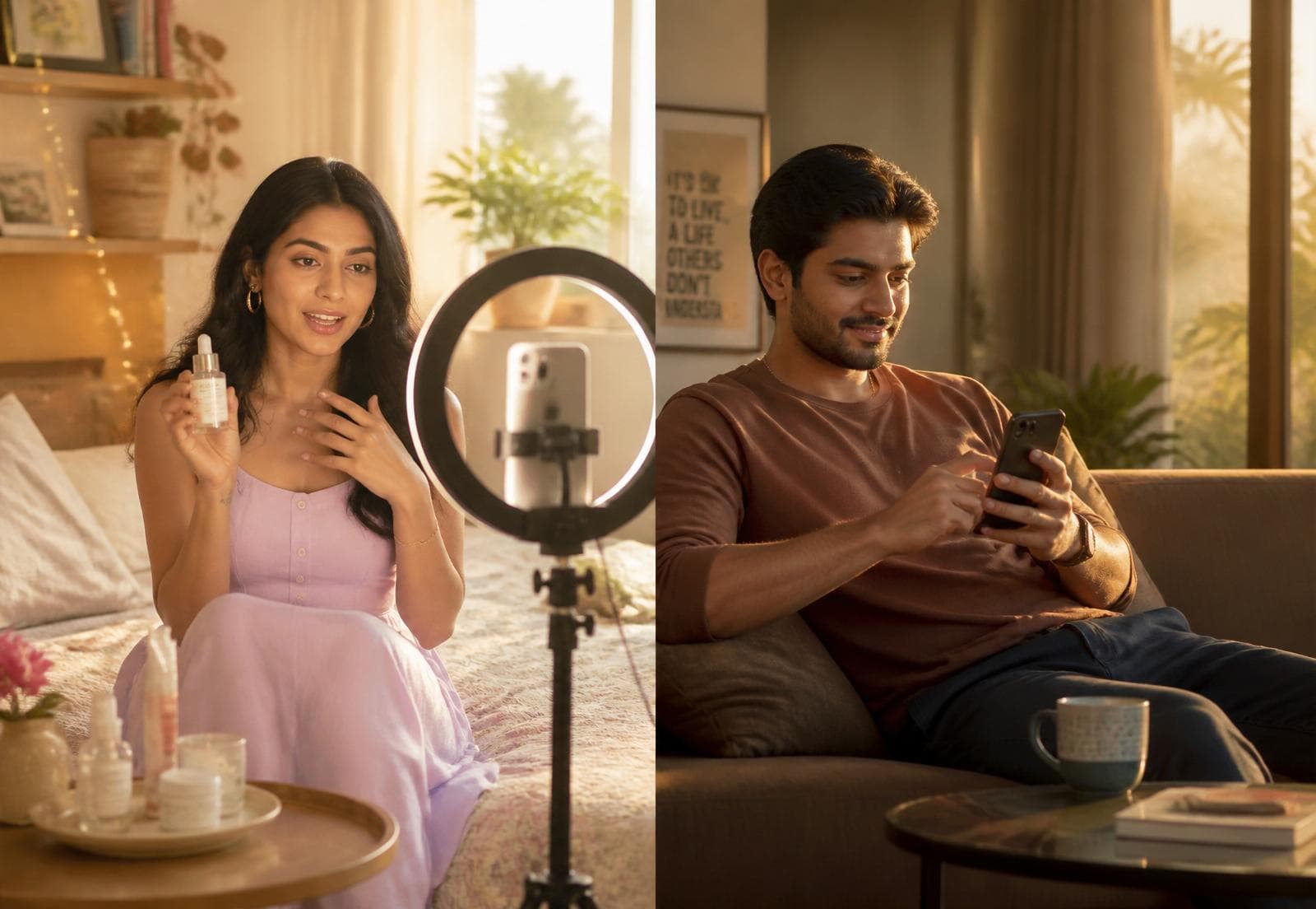 Two creators filming content for a brand campaign at home