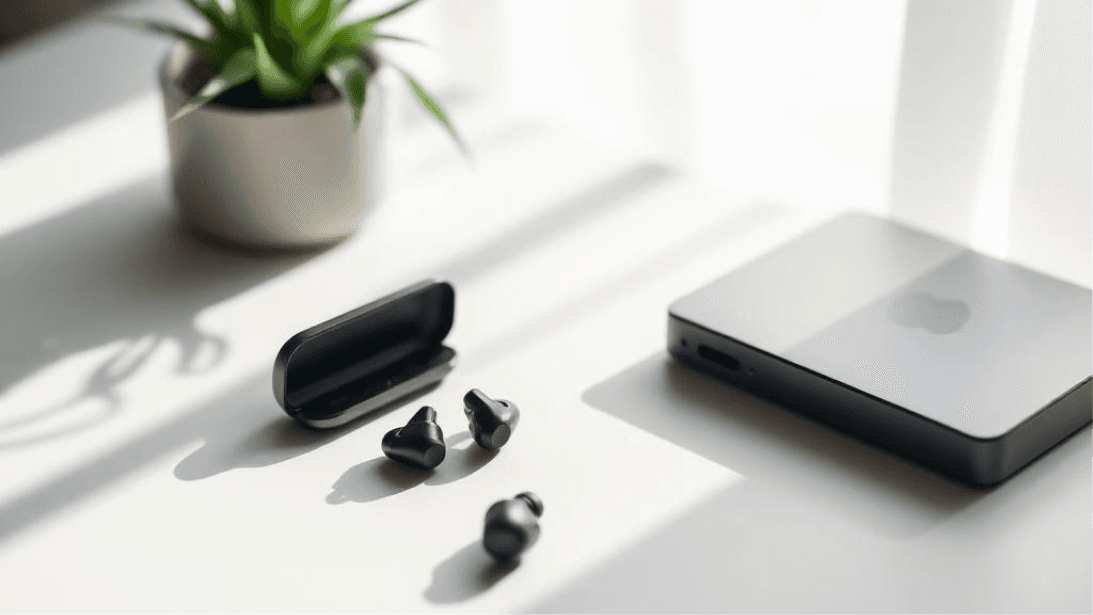 Wireless earbuds and their case on a sunlit desk