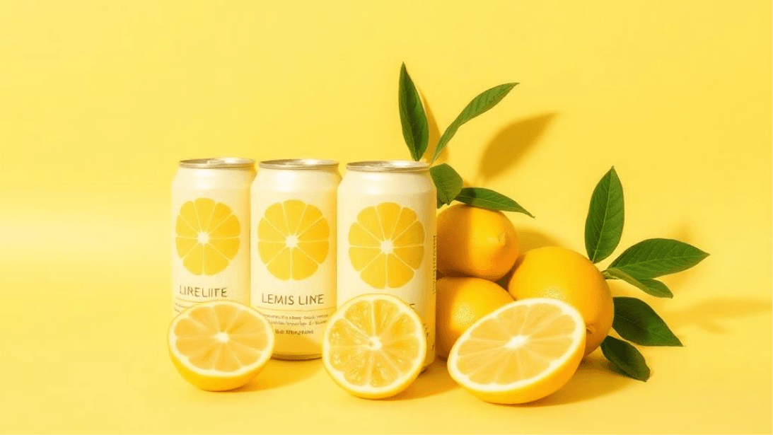 Lemon-flavoured drink cans arranged with fresh lemons and leaves